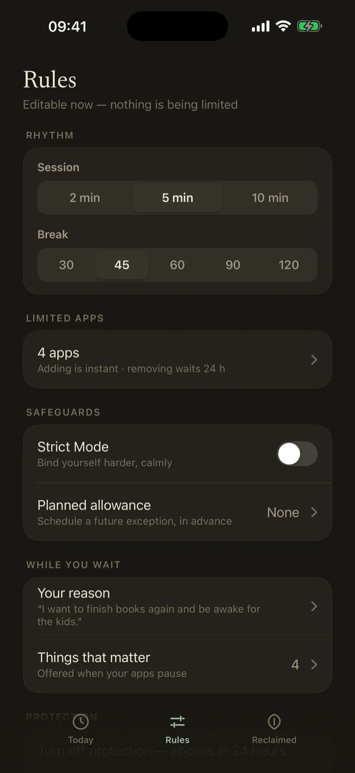 The Rules screen for setting which apps to interrupt.